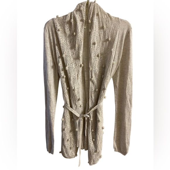 Knitted & knotted Anthropologie sweater cardigan open front cream PomPom  Medium - Picture 1 of 11